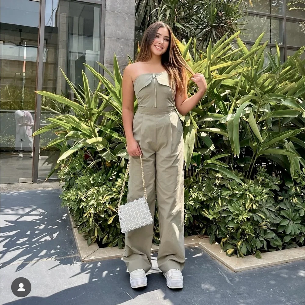 Zara NWT pale olive green zipper front foldover strapless bandeau tube jumpsuit - Picture 7 of 17